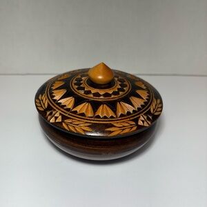 Handcrafted Carved Wooden Trinket Box with Lid 4.5”W  3”H